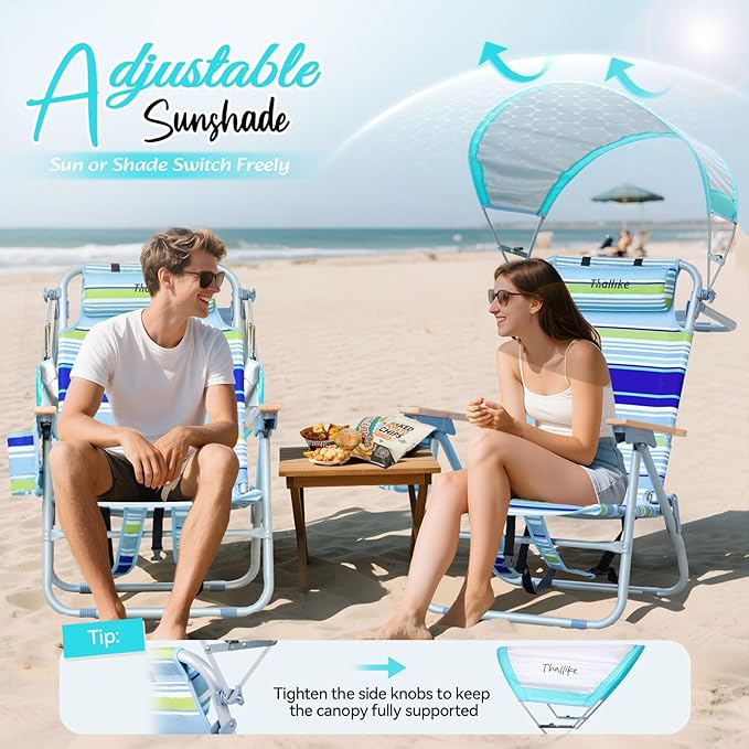 4-Position Reclining Backpack Beach Chair with Canopy Headrest Cooler Bag Cup Holder Towel Bar Storage Pouch Wooden Armrests Aluminum Frame Supports 400 lbs Foldable for Adults Camping Travel