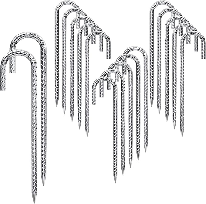 Rebar Stakes 16 Inch 17 Pack Tent Spikes Heavy Duty Metal J Hook, Fence Stakes for Trampoline, Fence, Camping Tent (17, J-16 x2/5")