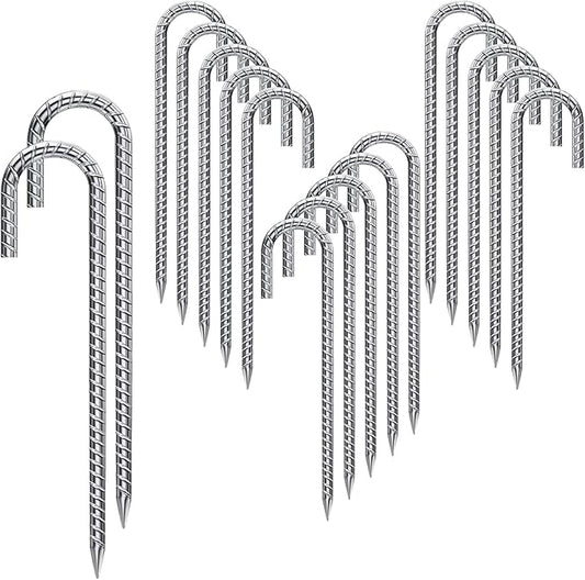 Rebar Stakes 16 Inch 17 Pack Tent Spikes Heavy Duty Metal J Hook, Fence Stakes for Trampoline, Fence, Camping Tent (17, J-16 x2/5")