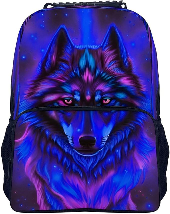 Polyester Daypack for Hiking Work Running, Big Capacity Anti-Theft Multipurpose Shoulder Bag, Trippy Tribal Wolf Space Galaxy Art Travel and Sport Backpack Rucksack