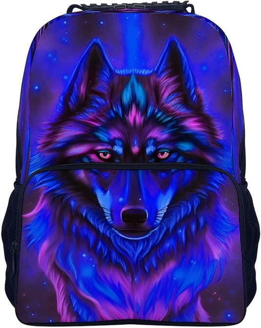 Polyester Daypack for Hiking Work Running, Big Capacity Anti-Theft Multipurpose Shoulder Bag, Trippy Tribal Wolf Space Galaxy Art Travel and Sport Backpack Rucksack