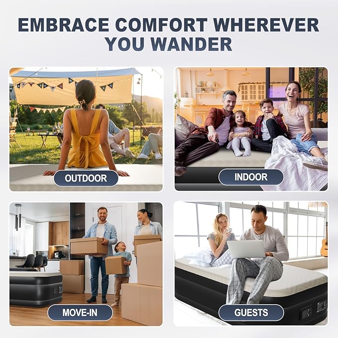 Outvita 18in Queen Air Mattress with Built-in Pump, Quick Assembly Comfort Blow Up Sleeping Mat for Guests and Home, Camping, Travel, Air Bed 650lbs Weight Capacity (75 * 39 * 18in)