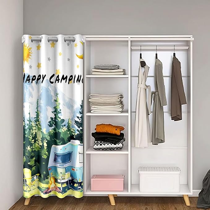 Camper Adventure Kids Door Curtain,Bonfire Campfire Pine Tree Rustic Blackout Curtain,Star Moon RV Trailer Bedroom Doorway Living Room Decor,Summer Green Privacy Door Drape 1 Panel,52" W X 84" L
