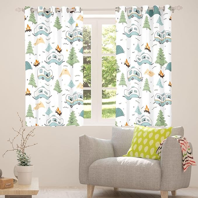 jejeloiu Camper Curtains for Bedroom Living Room Happy Camping 30%-50% Blackout Shades Cartoon Camping Car Room Darkening Curtain Window Treatments, 2 Panels 38 x 45 Inch Decor