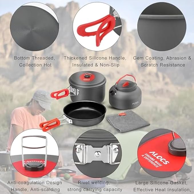 Alocs Camping Cookware Set - Lightweight Camping Cookware Mess Kit - Camping Pots and Pans Set - Camping Cooking Gear with Portable Carry Bag for Outdoor Backpacking Hiking and Picnic