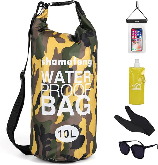 Waterproof Dry Bag 5L/10L/15L/20L/30L Roll Top Dry Storage Backpack with Phone Case, Collapsible Water Bottle, Sunglasses, Ear Band for Kayaking Boating Swimming Fishing Camping, Yellow 10L
