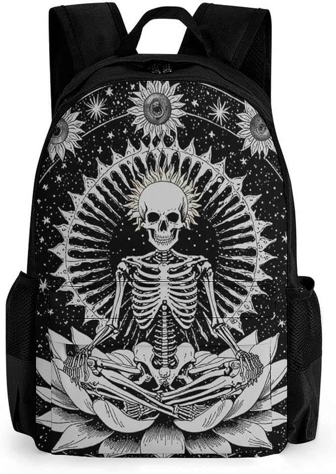 Men Women Polyester Seven Star Meditation Skeleton Skull Black Daypack Bookbag Big Capacity Shoulder Bag With Padded Straps for Climbing Travel Walking Cycling