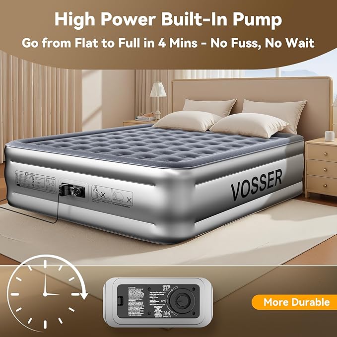 King Size Air Mattress with Built in Pump Raised,18’’King Air Mattress,Blow Up Mattress in 3 Mins,Self Inflatable Mattress for Camping,Floor&Travel,Portable Air Bed for Adults,750LB Max,Silver