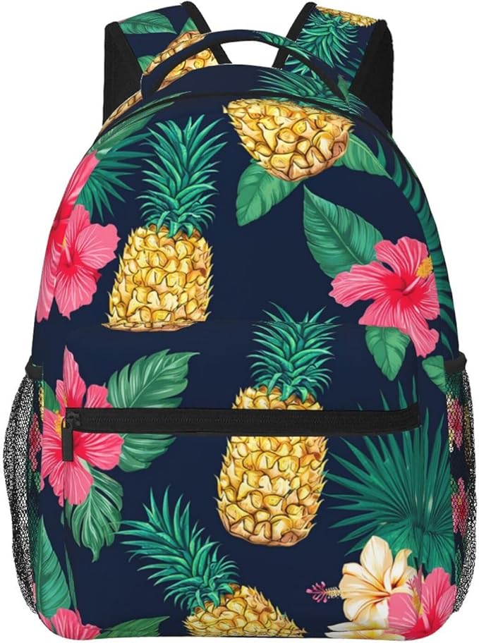 Lightweight Daypack Backpack for Trekking Work Running, Big Capacity Multipurpose Anti-Theft Bookbag, Hawaiian Flower Party Pineapple Art Business Computer Bag