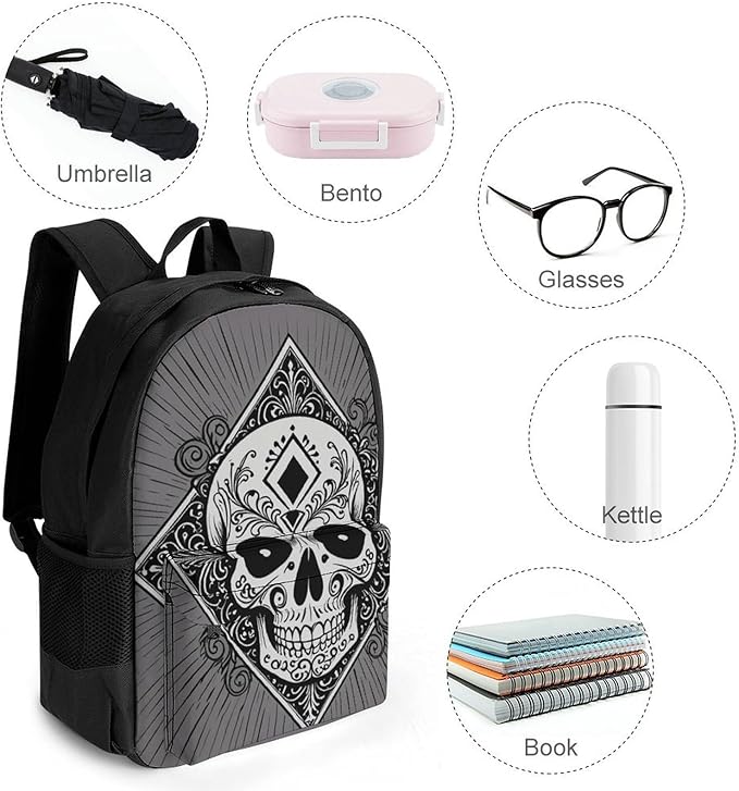 Rucksacks Multipurpose Anti-Theft Big Capacity Bookbag, Ace Of Spades Skull Grey Art Travel Hiking Camping Rucksack With Padded Straps