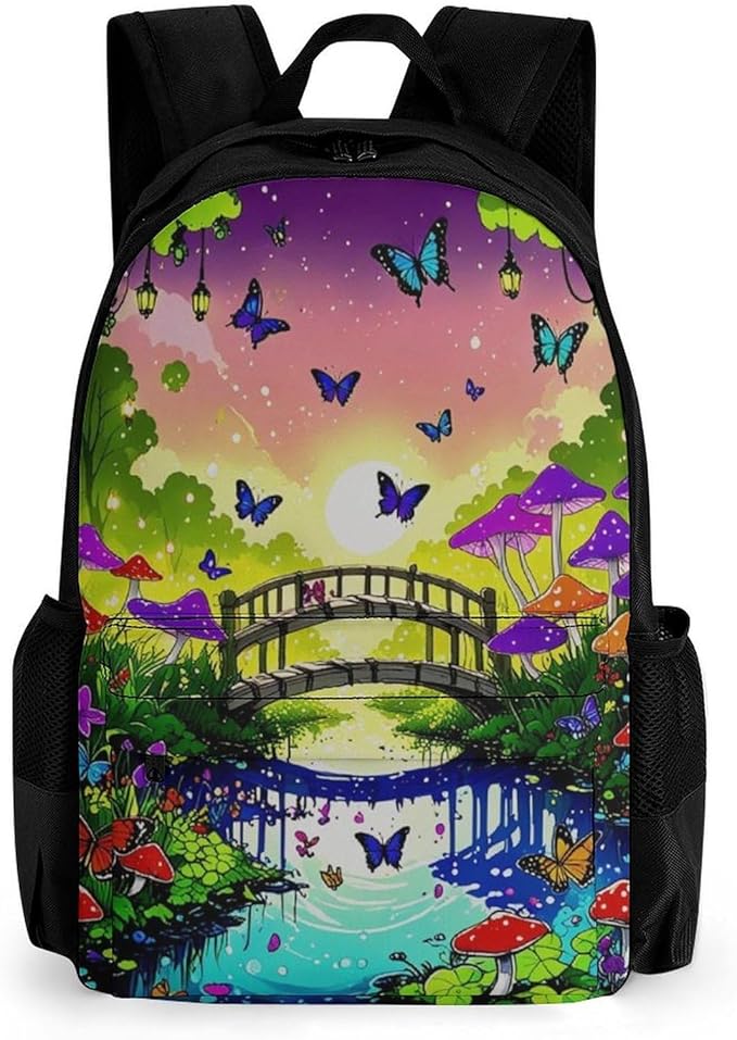 Supdreamc Men Women Polyester Psychedelic Mushroom Trippy Magic Butterfly Art Daypack Backpack Large Capacity Carry On Bag With Smooth Zippers for Hiking Picnic Walking Cycling