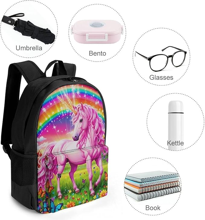Supdreamc Men Women Polyester Rainbow Unicorns And Butterflies Backpack Large Capacity Bookbag With Smooth Zippers for Climbing Picnic Bicycle