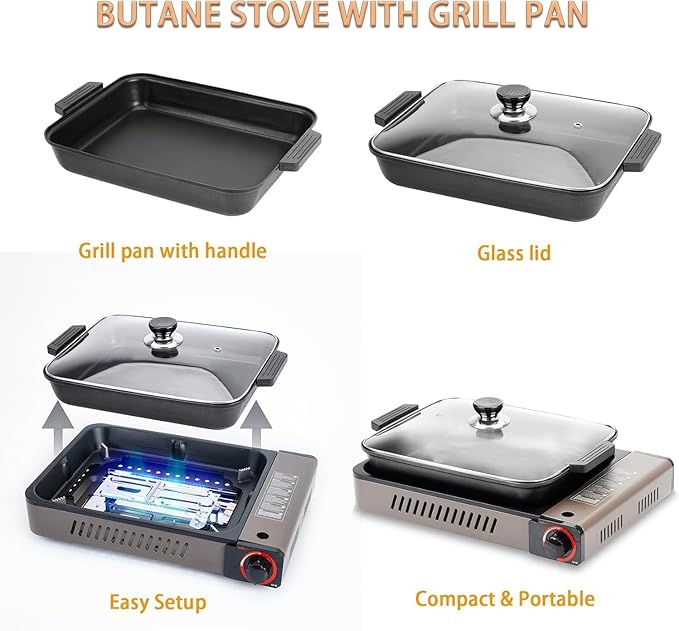 ONLYFIRE Butane Stove with Grill Pan, Portable Stove with Small Griddle & Lid, Camping Stove Instant Ignition, Camp Stove for Cooking, Patio Backyard, Camping, RV and Emergency Use, GS349