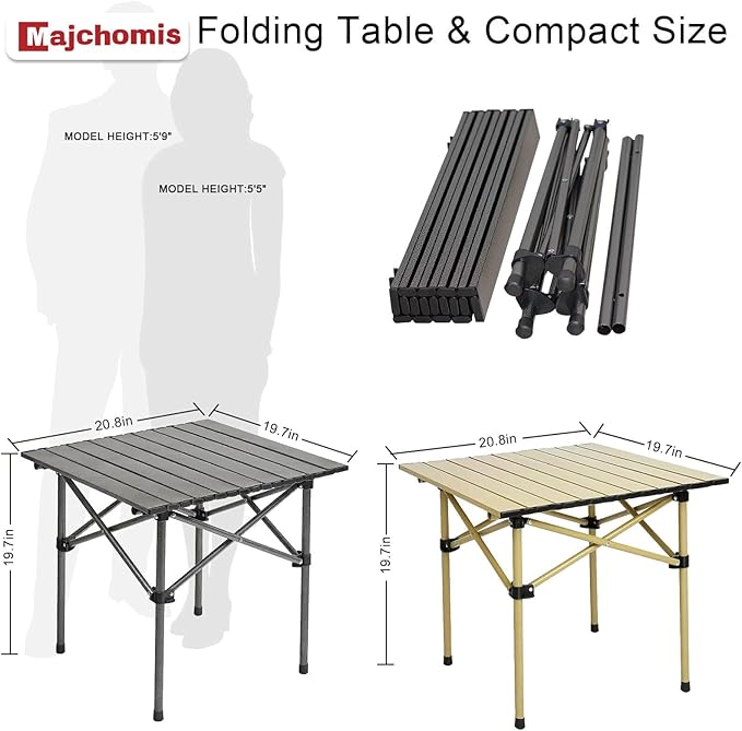 Portable Folding Camping Table for 2-4 Persons, Outdoor Lightweight Roll Up Camping Table with Carry Bag for Hiking, Picnics, BBQs, Beach Trips & Tailgating(20.8 inch Black)