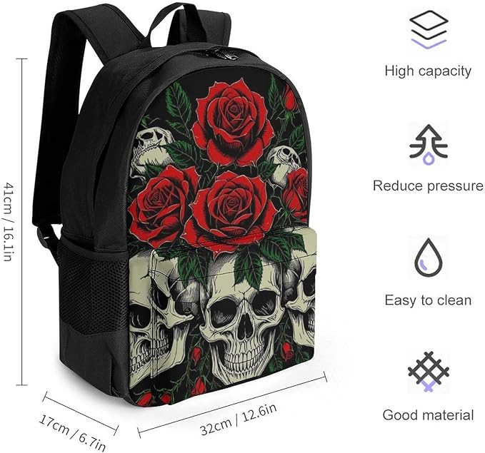 Shoulder Book Bags Polyester Multipurpose Anti-Theft Skull Red Rose Florals Art Carry On Bag Large Capacity Travel Hiking Camping Rucksack
