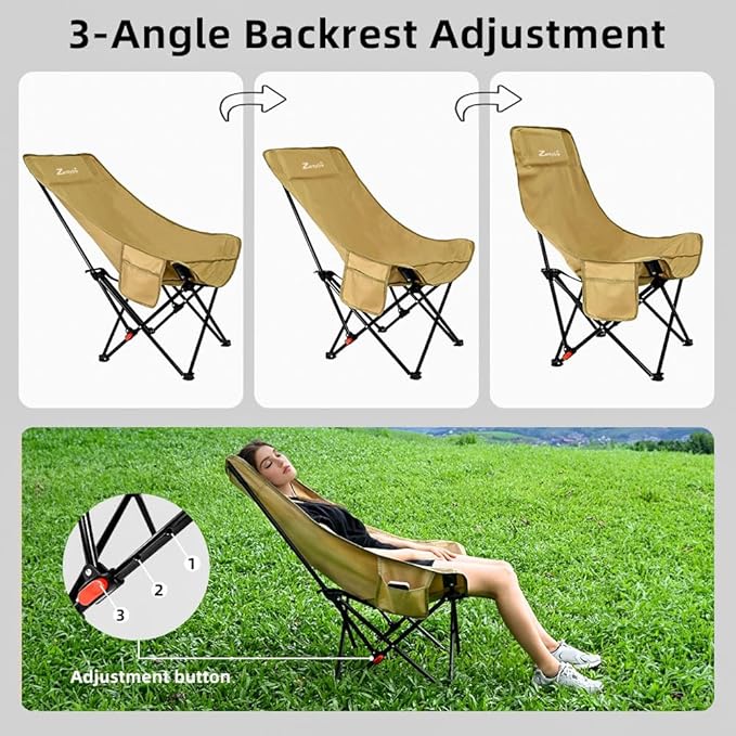 Camping Chair for Adults, Portable Adjustable Folding Chairs Set with Side Pockets for Outdoors Fishing, Hiking, Backpacking, Picnic, Beach, Travel, Supports to 300lbs, & Storage Bags (Khaki)