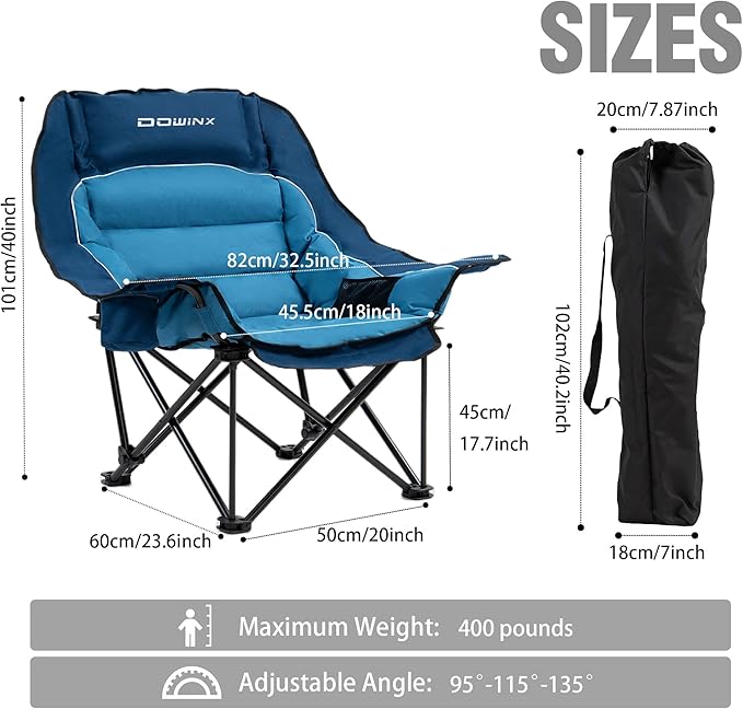Dowinx Oversized Camping Chair for Adults - Extra Large, Folding Lawn Chair with Cup Holder, 3-Level Adjustable, 400 lbs Capacity, Blue