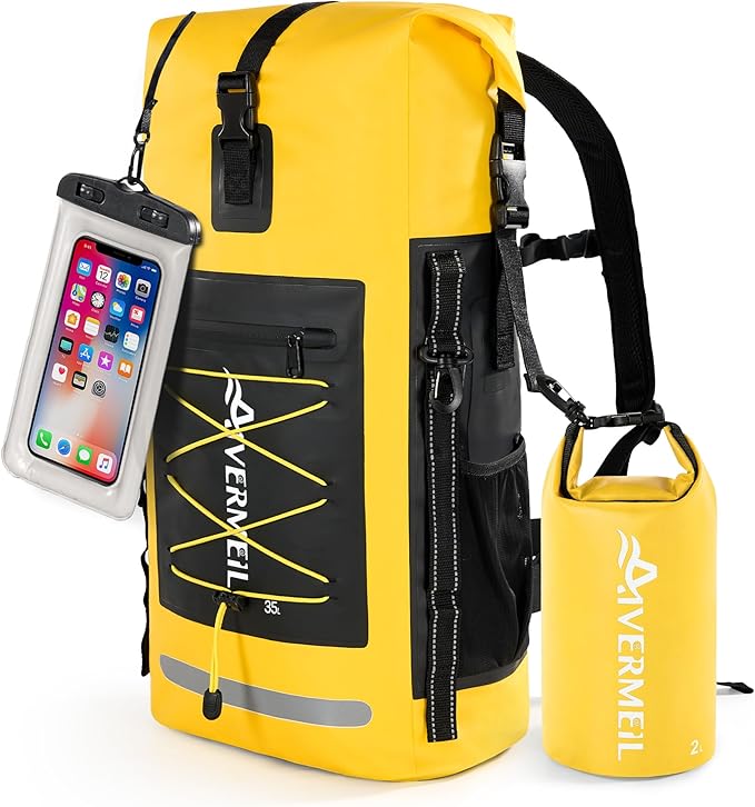 Dry Bag 35L for Men & Women Roll-Top Hiking Backpack with IPX8 Waterproof Phone Case & Detachable Mini Backpack for Kayaking Boating Cushioned Padded Back Yellow