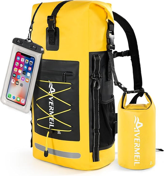 Dry Bag 35L for Men & Women Roll-Top Hiking Backpack with IPX8 Waterproof Phone Case & Detachable Mini Backpack for Kayaking Boating Cushioned Padded Back Yellow