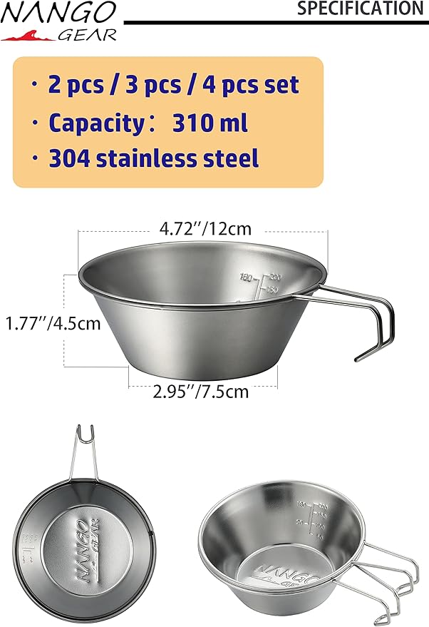 NANGOGEAR Camping Sierra Cup 310ml 2pcs Set Food Grade Stainless Steel Dishwasher Safe (21110)