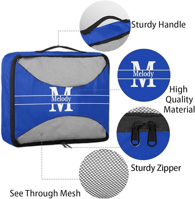Custom 4 Packing Cubes Set, Lightweight Mesh Travel Luggage Organizers for Travel, 4 Pieces Suitcase Storage Bags, Navy Blue with Initial letter