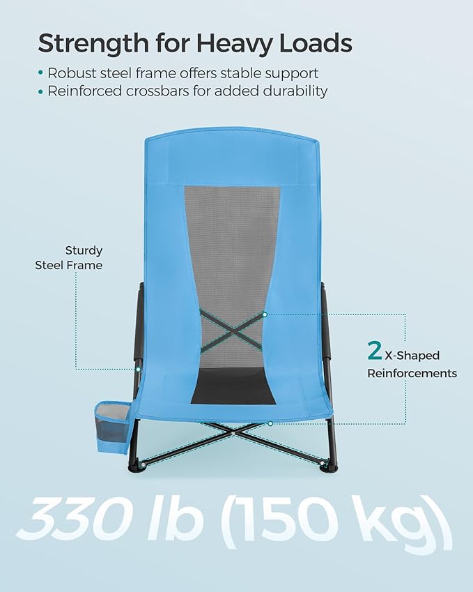 SONGMICS Set of 2 Portable Beach Chairs for Adults, Max. Load 330 lb Each, High Backrest, Cup Holder, Lightweight, Heavy-Duty, Light Blue UGCB067Q01V1