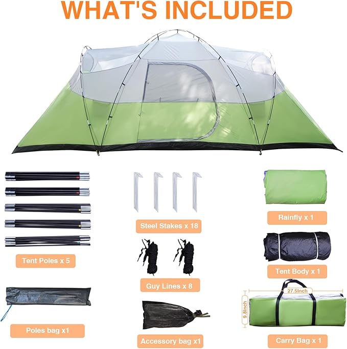 8-10 Person Family Camping Tent with Porch, Easy Setup for Outdoor Camping Picnic Backyard