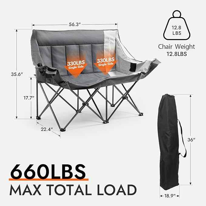 Dowinx Double Camping Chair, Oversized Folding Loveseat with Padded Seat, 660lbs Heavy Duty Portable Lawn Chair with Cup Holders, Glass Holders & Back Storage for Adults, Camping, Beach, Picnic - Gray