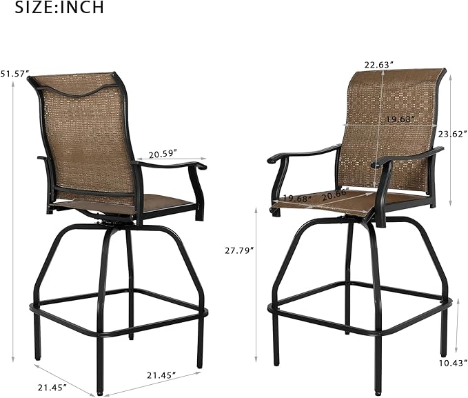 LEVELEVE Patio Bar Set 2pcs Swivel Bar Stools Outdoor Bistro Textilene Furniture Stability All-Weather Set (Dark Brown Fabric)