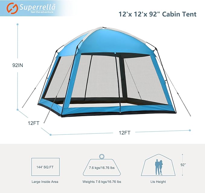 12 x 12 FT Camping Screen Tent for 8-10 Person, Easy Setup Screen House with UV 50+ Sun Protection & Mosquito Net for Camping, Backyard, Picnic, Patio Outdoor Blue