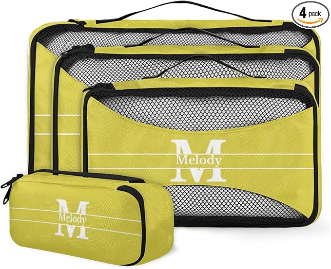 Personalized 4 Set Packing Cubes Luggage Packing Organizers Travel Accessories for Women Girls Men, Lemon Yellow Initial Letter