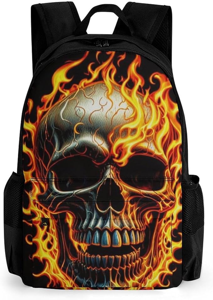 Lightweight Rucksacks for Camping Picnic Walking Cycling, Large Capacity Multipurpose Anti-Theft Carry On Bag, Flaming Fire Skull Travel Hiking Camping Rucksack