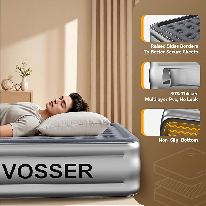 King Size Air Mattress with Built in Pump Raised,18’’King Air Mattress,Blow Up Mattress in 3 Mins,Self Inflatable Mattress for Camping,Floor&Travel,Portable Air Bed for Adults,750LB Max,Silver
