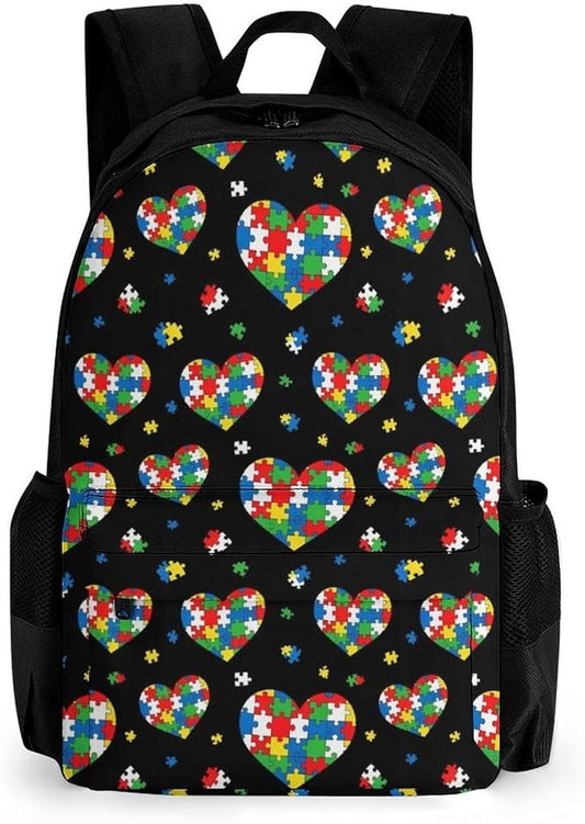 Supdreamc Polyester Daypack Backpack for Sports Travel Running, Big Capacity Anti-Theft Multipurpose Carry On Bag, Puzzle Pieces Heart Colorful Autism Awareness Laptop Book Bag Rucksack