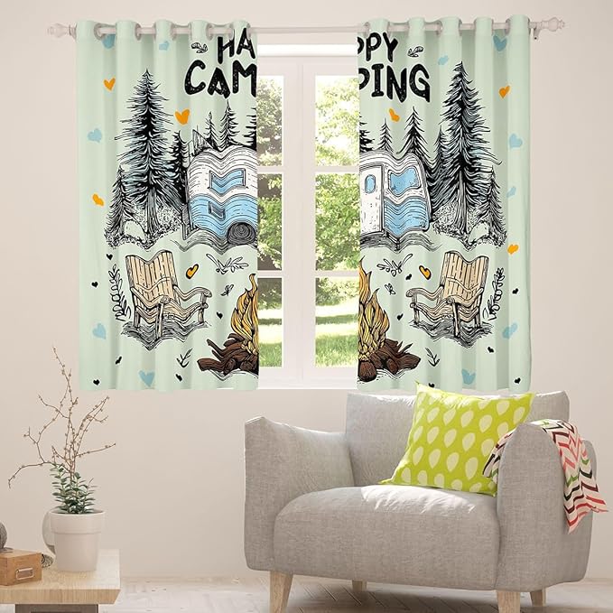 Feelyou Green Camping Camper Rv Curtains for Bedroom Living Room Happy Camping Blackout Darkening Drapes Rustic Farmhouse Window Treatments, 2 Panels 52 x 96 Inch Room Decor
