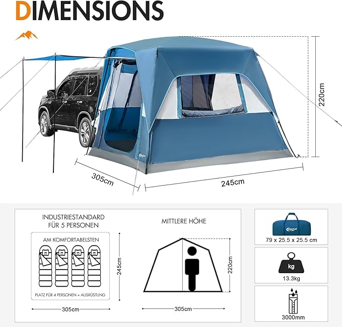 Portal 5-Person SUV Tent with Porch, 2-in-1 Car Camping Tent, Water-Resistant & Windproof, Trunk Tent for Travel & Outdoor Adventures