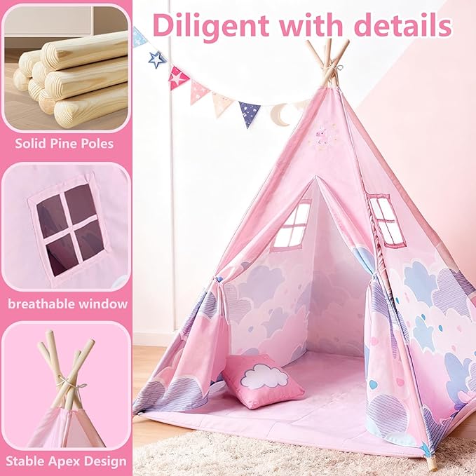 Pink Pony Teepee Tent for Bedroom,Cat Teepee Tent Reading Tent for 3–6 Year Old Toddle with Light & Mat, Cozy Hideout Girls'Bedroom Décor,Girl Sleepover Party, Cat House