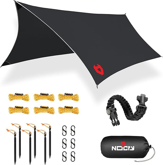 Rain Fly 12x10 Lightweight Survival Camping Tarp; 100% Waterproof; Makes a Great Backpacking Tarp or Hammock Shelter; Comes in Multiple Colors, Survival Bracelet Included; Black