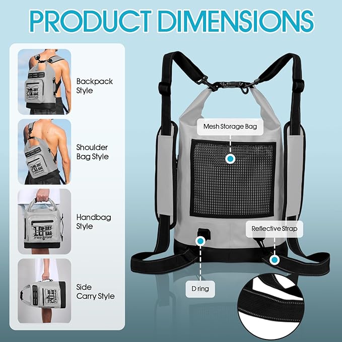 Dry Bag Waterproof,5L/10L/20L/30L Roll Top Dry Bag Backpack with WaterProof Phone Case for Swim,Kayak(Light Grey 30L)