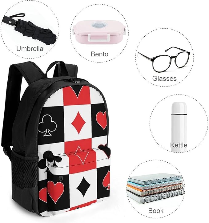 Lightweight Rucksacks for Climbing Outdoors Walking Cycling, Large Capacity Anti-Theft Multipurpose Carry On Bag, Poker Suits Hearts Diamonds Spades Grid Playing Cards Camping Outdoor Backpack