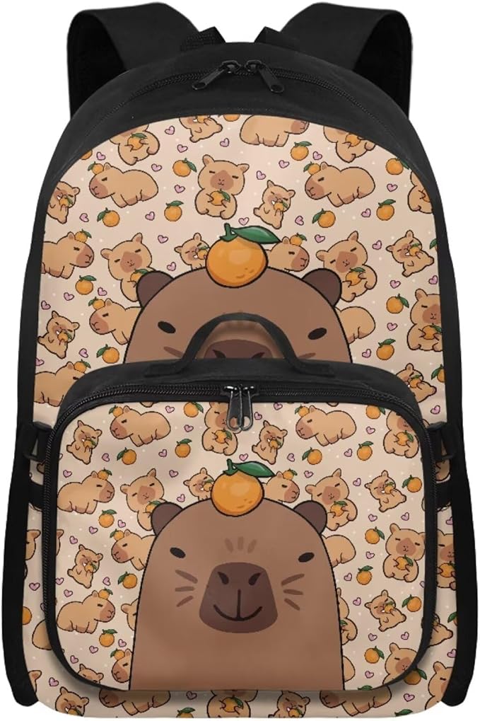 HUGS IDEA Orange Capybara School Backpack for Girls 8-10 with Lunchbox Backpacks for Elementary Students School Bag Large Capacity School Book Bag for Kids Casual Travel Daycare
