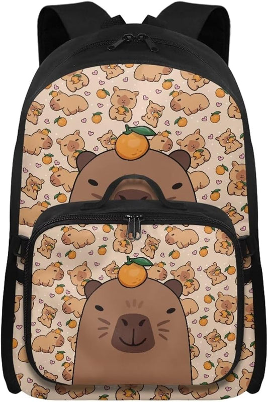 HUGS IDEA Orange Capybara School Backpack for Girls 8-10 with Lunchbox Backpacks for Elementary Students School Bag Large Capacity School Book Bag for Kids Casual Travel Daycare