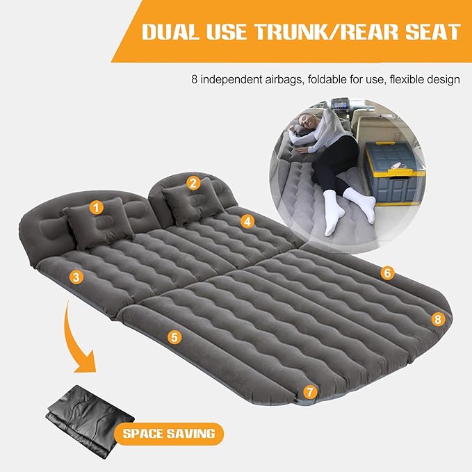 Ergocar Inflatable Mattress Soft Plant Velvet Thickened Air Mattress Car Sleeping Mattress Two Pillows Double-Layer Inflatable Valve Storage Bag Suitable for Camping, Traveling, Family