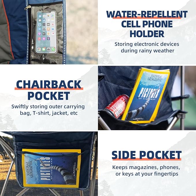 Oversized Camping Chair Heavy Duty 500LBS - Folding Outdoor Chair with Cooler Bag, Storage Pockets, Portable Collapsible Lawn Chairs for Adults (Blue & Gray)