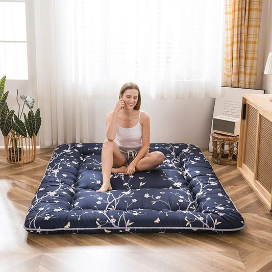 MAXYOYO Japanese Futon Mattress Floor Mattress Sleeping Pad Foldable Bed Roll Up Camping Cushion Floor Lounger Bed Couches and Sofas Couch Topper, Navy Floral, Full Size