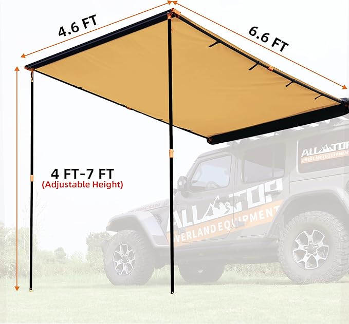 ALL-TOP Vehicle Awning 4.6'x6.6' Roof Rack Pull-Out Sun Shade UV50+, Weatherproof 4x4 Side Awning for Camping & Overland (Hardware Included)