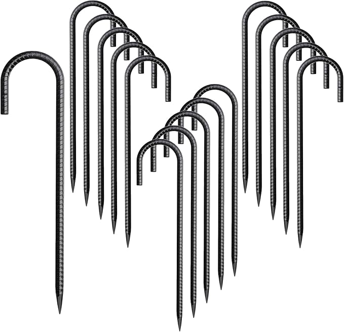 Rebar Stakes 12 Inch 16 Pack Tent Spikes Heavy Duty Metal J Hook, Fence Stakes for Trampoline, Fence, Camping Tent (16, J-12 x5/16 Black)