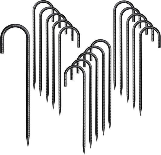 Rebar Stakes 12 Inch 16 Pack Tent Spikes Heavy Duty Metal J Hook, Fence Stakes for Trampoline, Fence, Camping Tent (16, J-12 x5/16 Black)