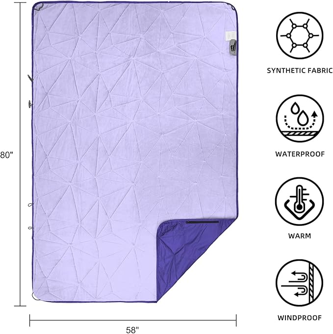 Outdoor Waterproof Blanket, Foldable Fleece Stadium Blanket for Outdoor Sports Event, Camping, Car, Pet, Picnics - Windproof, Wearable, Machine Washable 80" x 58" (Purple,Hooded)