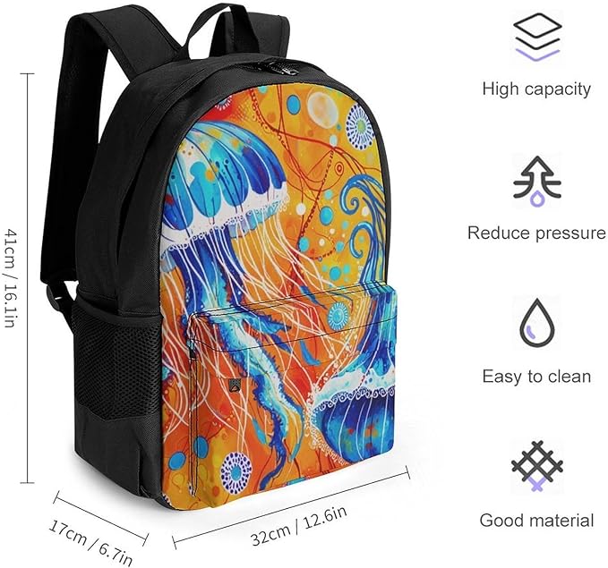 Supdreamc Daypack Polyester Anti-Theft Multipurpose Watercolor Ocean Sea Jellyfish Art Bookbag Big Capacity Gym Outdoor Hiking Backpack With Adjustable Shoulder Straps